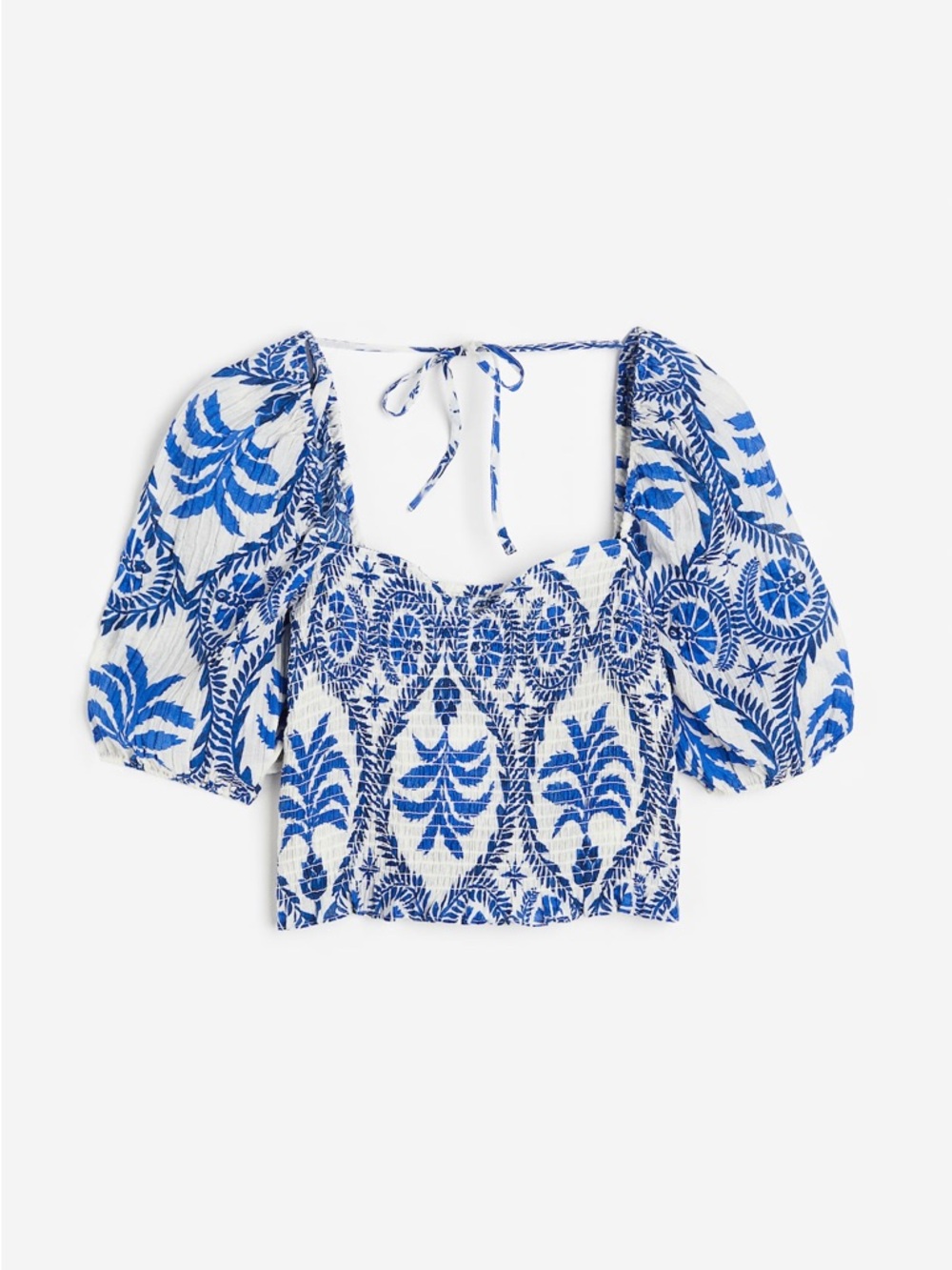 H&M Blue and White Smocked Puff-Sleeve Crop Top